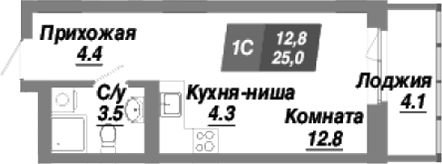 Планировка студия 25.00 м² в ЖК «Калининский квартал»