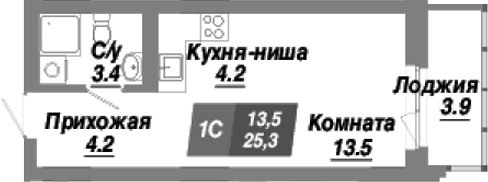 Планировка студия 25.30 м² в ЖК «Калининский квартал»