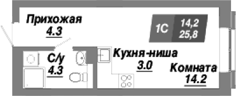 Планировка студия 25.80 м² в ЖК «Калининский квартал»