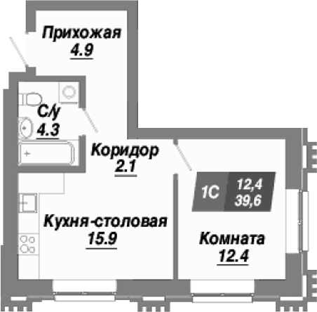 Планировка 1-к.кв 39.60 м² в ЖК «Калининский квартал»