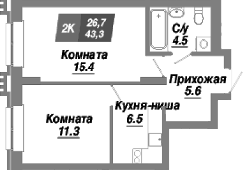 Планировка 2-к.кв 43.30 м² в ЖК «Калининский квартал»