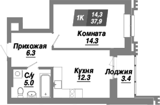 Планировка 1-к.кв 37.90 м² в ЖК «Калининский квартал»