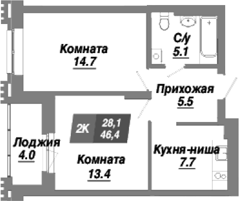 Планировка 2-к. квартира 46.40 м² в ЖК «Калининский квартал»