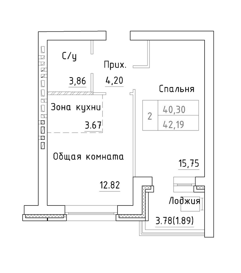 Планировка 2е-к.кв 40.30 м² в ЖК «Фламинго»