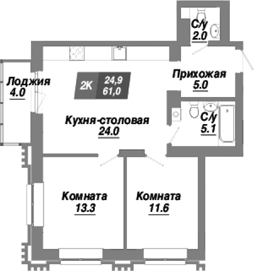 Планировка 2-к. квартира 61.00 м² в ЖК «Калининский квартал»