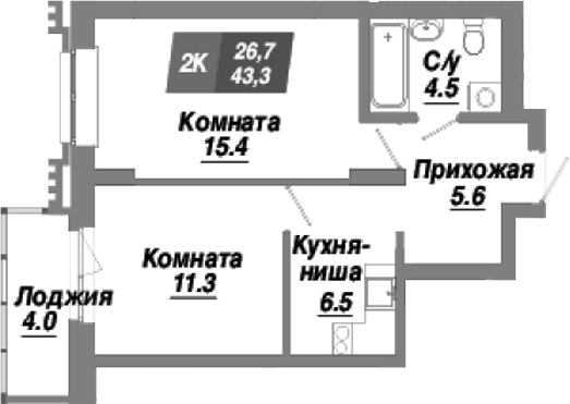 Планировка 2-к. квартира 43.30 м² в ЖК «Калининский квартал»