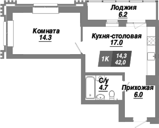 Планировка 1-к.кв 42.00 м² в ЖК «Калининский квартал»