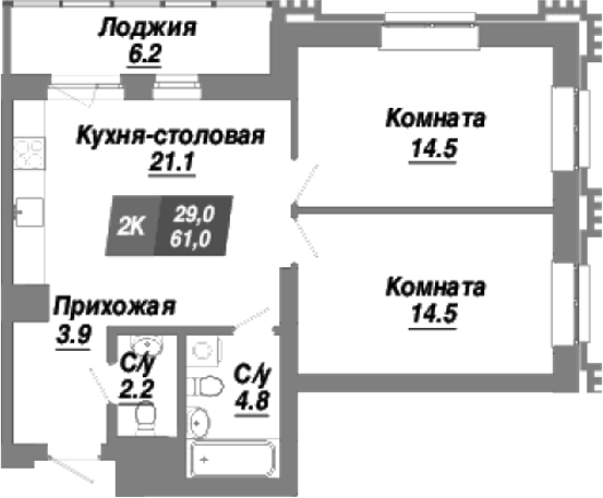 Планировка 2-к. квартира 61.00 м² в ЖК «Калининский квартал»