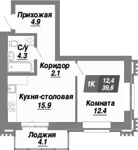 Планировка 1-к.кв 39.60 м² в ЖК «Калининский квартал»