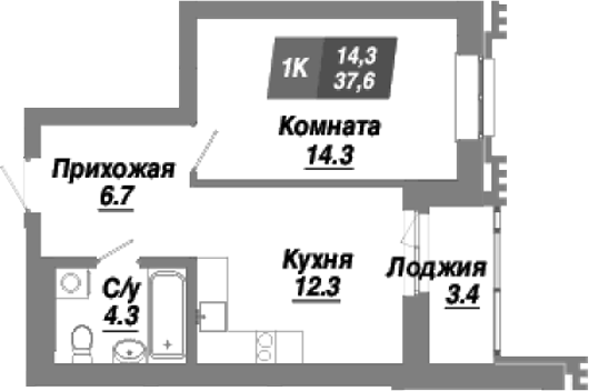Планировка 1-к.кв 37.60 м² в ЖК «Калининский квартал»