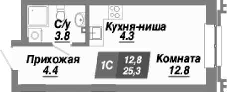 Планировка студия 25.30 м² в ЖК «Калининский квартал»