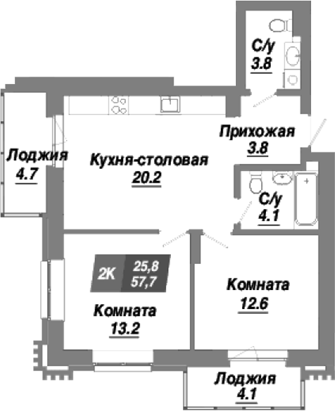 Планировка 2-к. квартира 57.70 м² в ЖК «Калининский квартал»