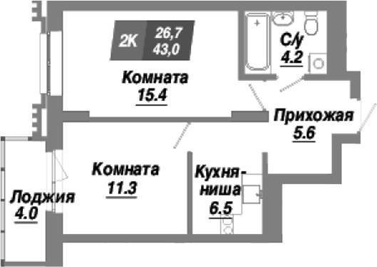 Планировка 2-к. квартира 43.00 м² в ЖК «Калининский квартал»