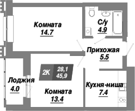 Планировка 2-к. квартира 45.90 м² в ЖК «Калининский квартал»