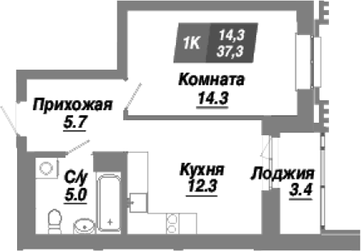 Планировка 1-к. квартира 37.30 м² в ЖК «Калининский квартал»