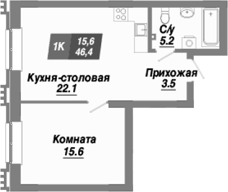 Планировка 1-к. квартира 46.40 м² в ЖК «Калининский квартал»