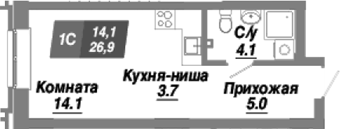 Планировка студия 26.90 м² в ЖК «Калининский квартал»