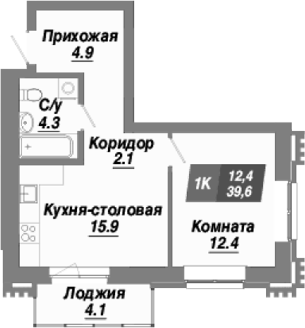 Планировка 1-к. квартира 39.60 м² в ЖК «Калининский квартал»