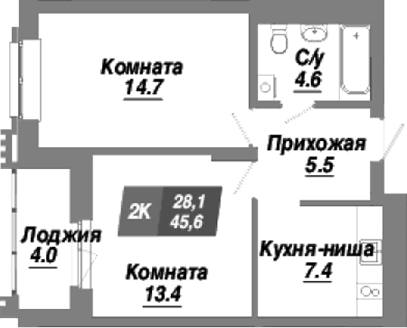 Планировка 2-к. квартира 45.60 м² в ЖК «Калининский квартал»