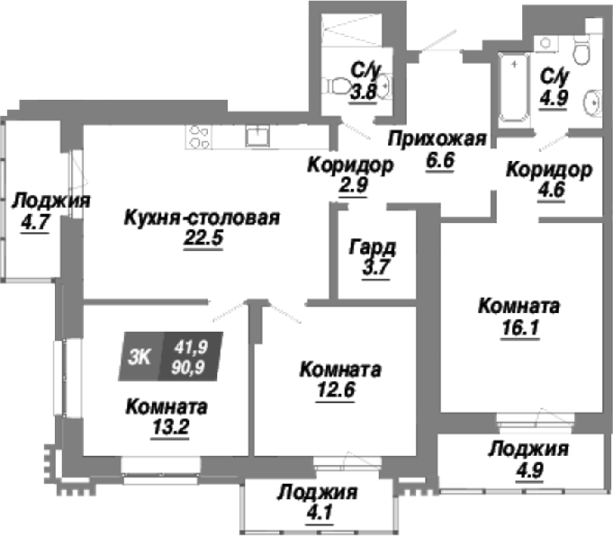 Планировка 3-к. квартира 90.90 м² в ЖК «Калининский квартал»