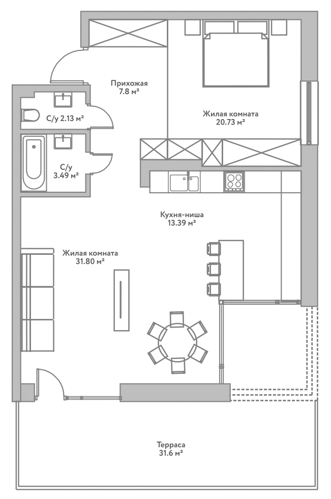 Планировка 2е-к.кв 79.34 м² в ЖК «Flora&Fauna»