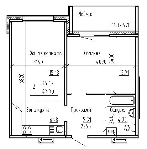Планировка 2е-к.кв 44.90 м² в ЖК «Кольца»