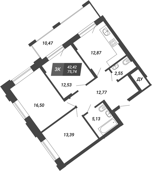 Планировка 3-к.кв 75.74 м² в ЖК «Бирюзовая жемчужина-4»
