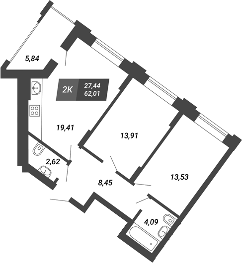 Планировка 2-к.кв 62.01 м² в ЖК «Бирюзовая жемчужина-4»