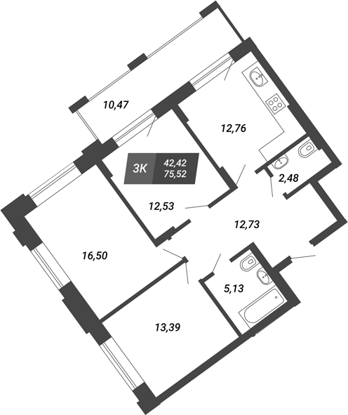 Планировка 3-к.кв 75.52 м² в ЖК «Бирюзовая жемчужина-4»