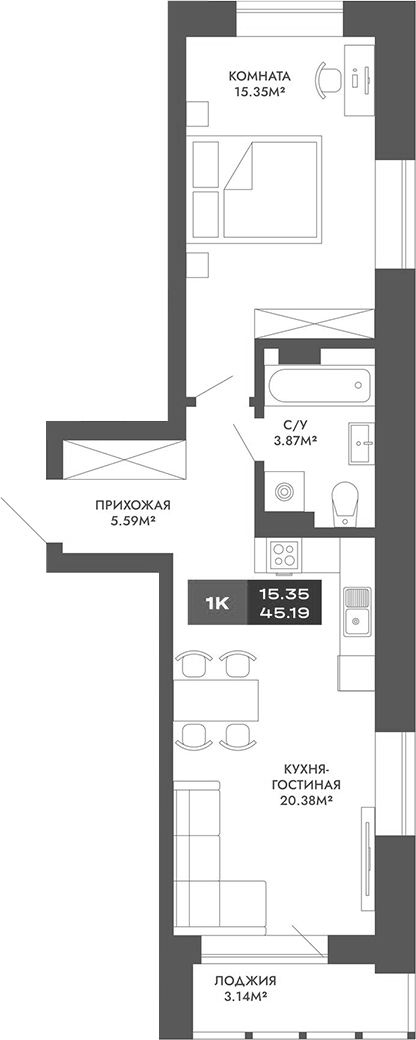Планировка 2е-к.кв 45.19 м² в ЖК «Чкалов-7»