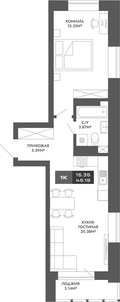 Планировка 2е-к.кв 45.19 м² в ЖК «Чкалов-7»