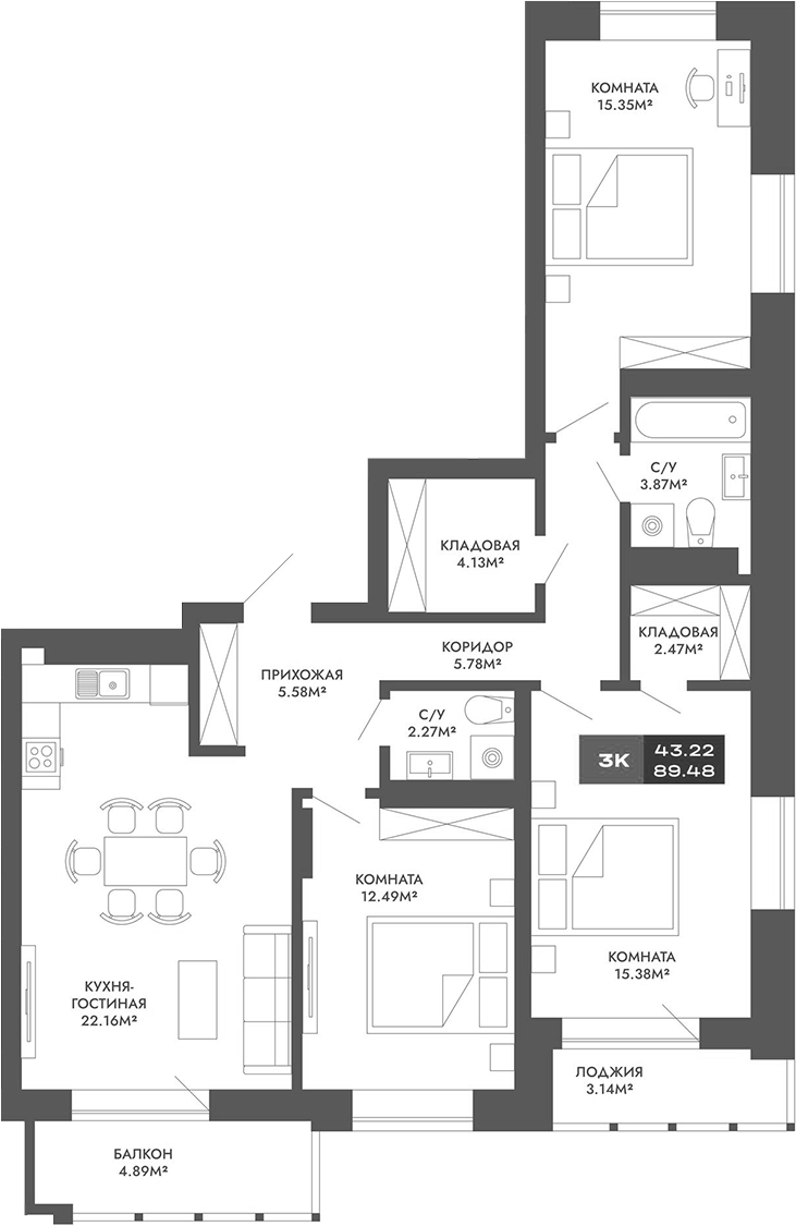 Планировка 4е-к.кв 89.48 м² в ЖК «Чкалов-7»