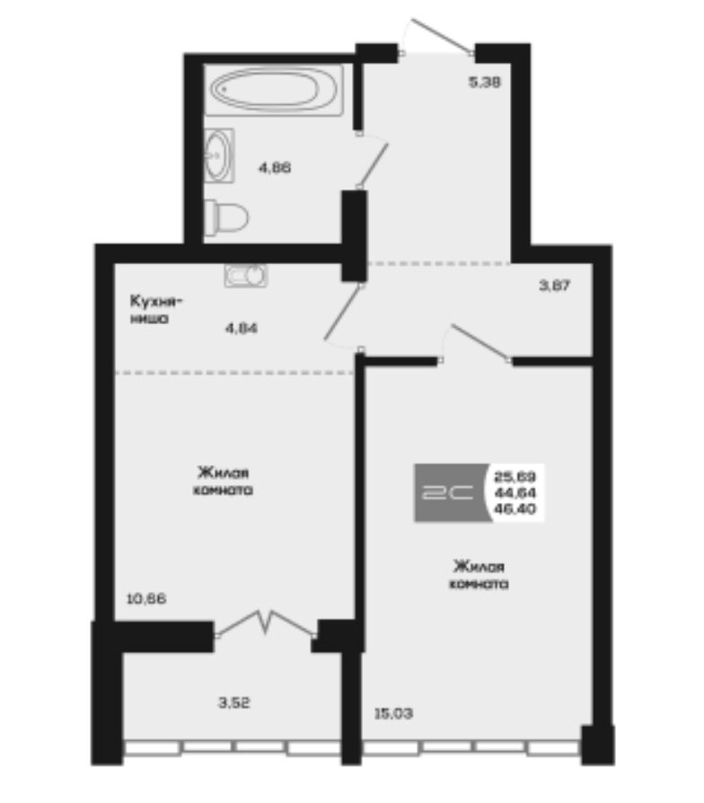 Планировка 2е-к.кв 44.64 м² в ЖК «Салют»