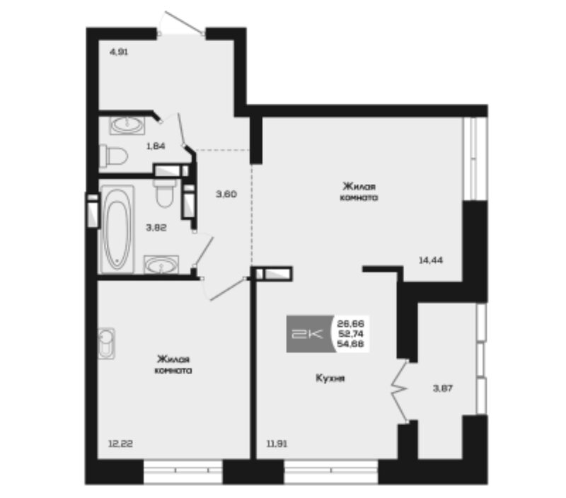 Планировка 2-к.кв 52.74 м² в ЖК «Салют»