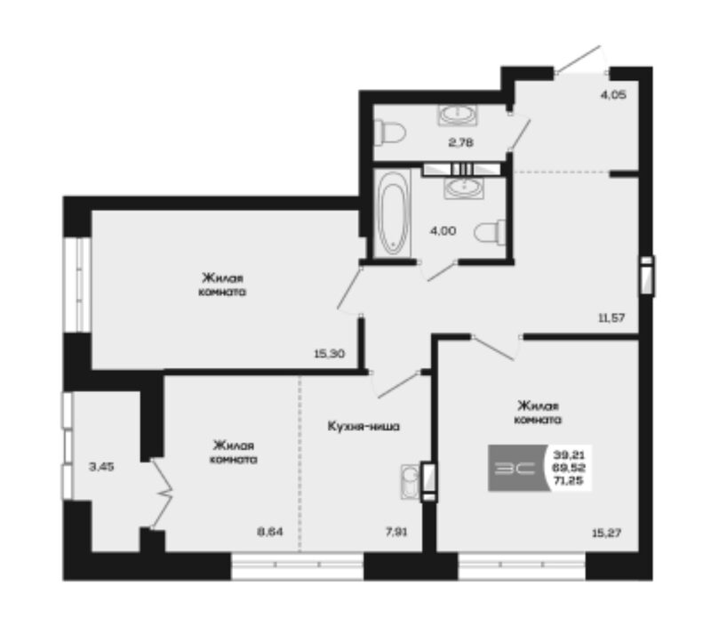 Планировка 3е-к.кв 69.52 м² в ЖК «Салют»