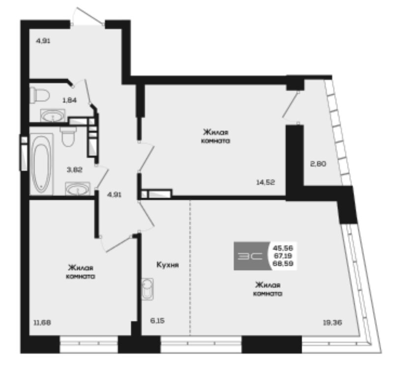 Планировка 3е-к.кв 67.19 м² в ЖК «Салют»