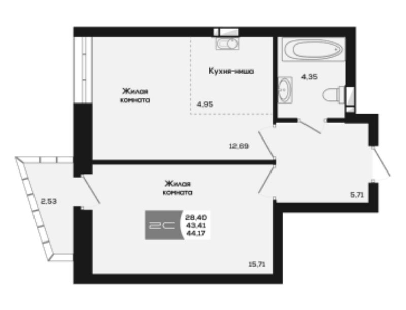 Планировка 2е-к.кв 43.41 м² в ЖК «Салют»