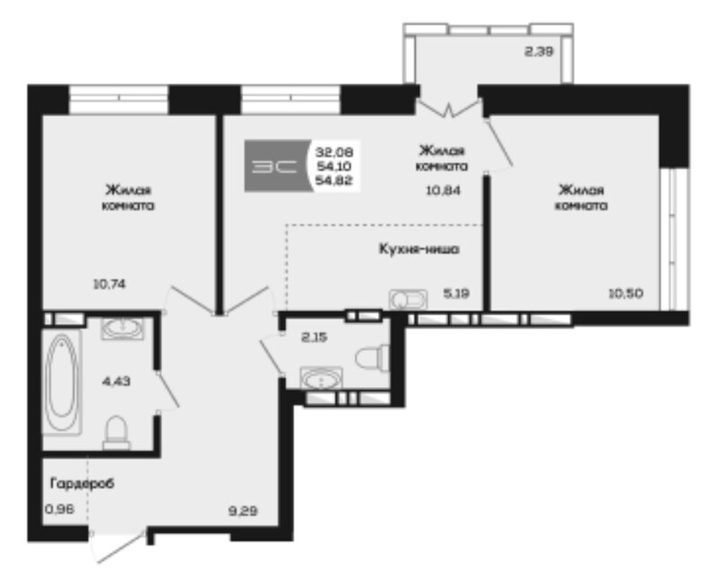 Планировка 3е-к.кв 54.10 м² в ЖК «Салют»
