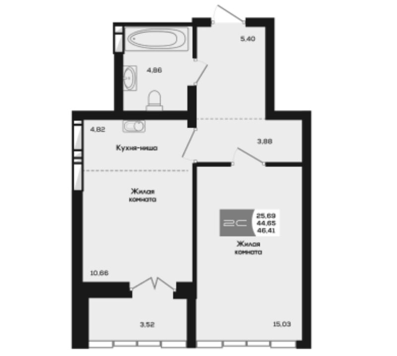 Планировка 2е-к.кв 44.65 м² в ЖК «Салют»