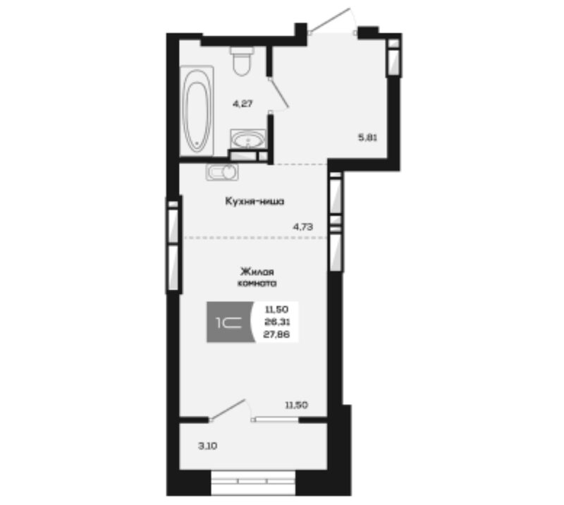 Планировка студии 26.31 м² в ЖК «Салют»