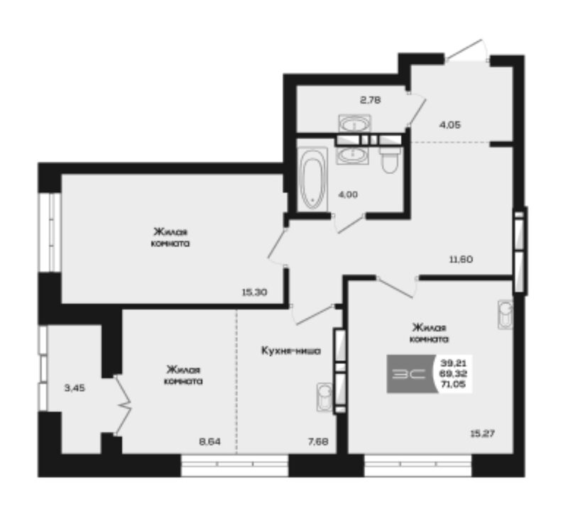 Планировка 3е-к.кв 69.32 м² в ЖК «Салют»