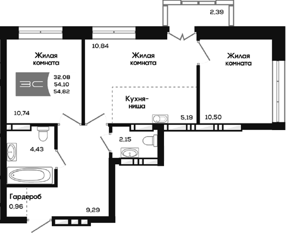 Планировка 3е-к.кв 54.10 м² в ЖК «Салют»