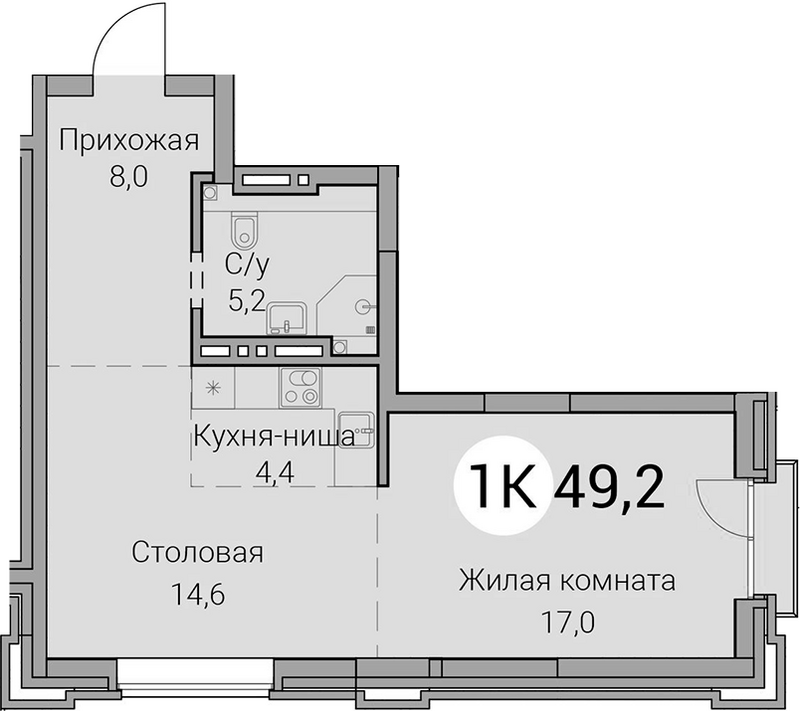 Планировка 2е-к.кв 49.20 м² в ЖК «Тайм Сквер»