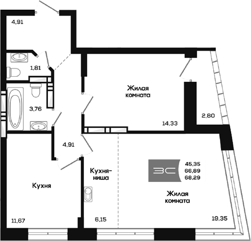 Планировка 3е-к.кв 66.89 м² в ЖК «Салют»
