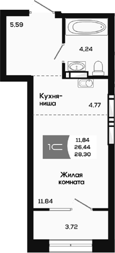 Планировка студии 26.44 м² в ЖК «Салют»