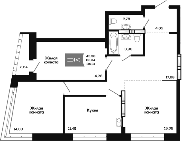 Планировка 3-к.кв 83.34 м² в ЖК «Салют»