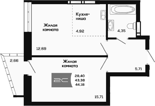Планировка 2е-к.кв 43.38 м² в ЖК «Салют»