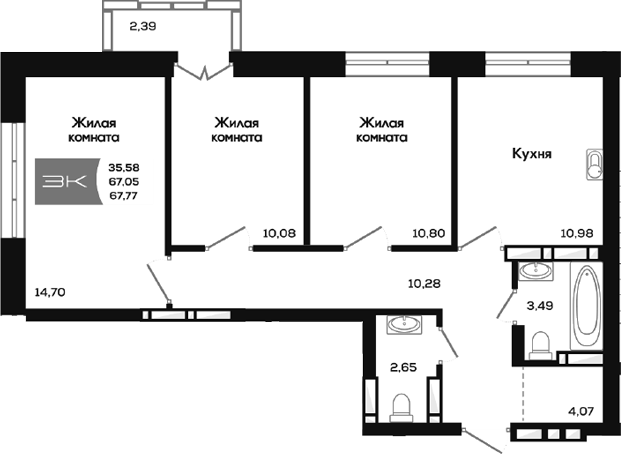 Планировка 3-к.кв 67.05 м² в ЖК «Салют»