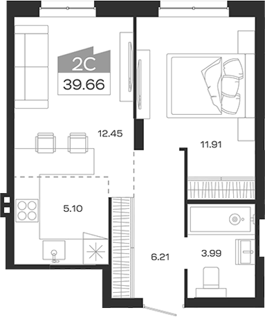 Планировка 2е-к.кв 39.66 м² в ЖК «Базилик»