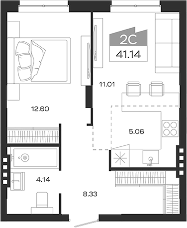 Планировка 2е-к.кв 41.14 м² в ЖК «Базилик»